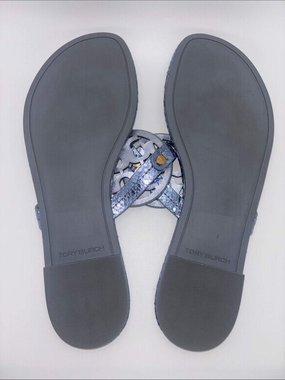 Tory Burch Metallic Navy Blue Logo Thong Sandals - Picture 11 of 11